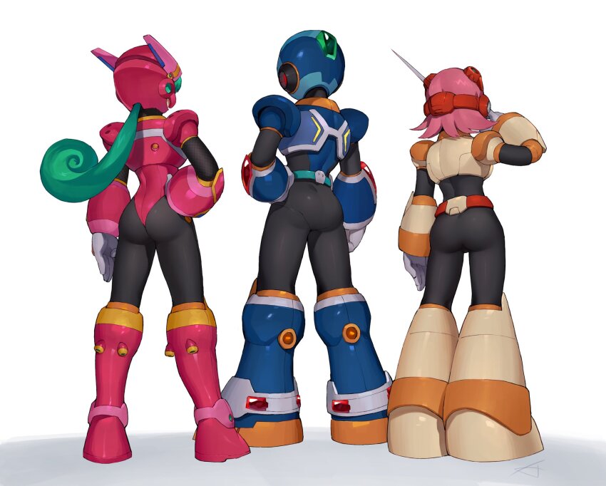 1boy, 2girls, armor, ass, ass_focus, black_bodysuit, blue_armor, blue_helmet