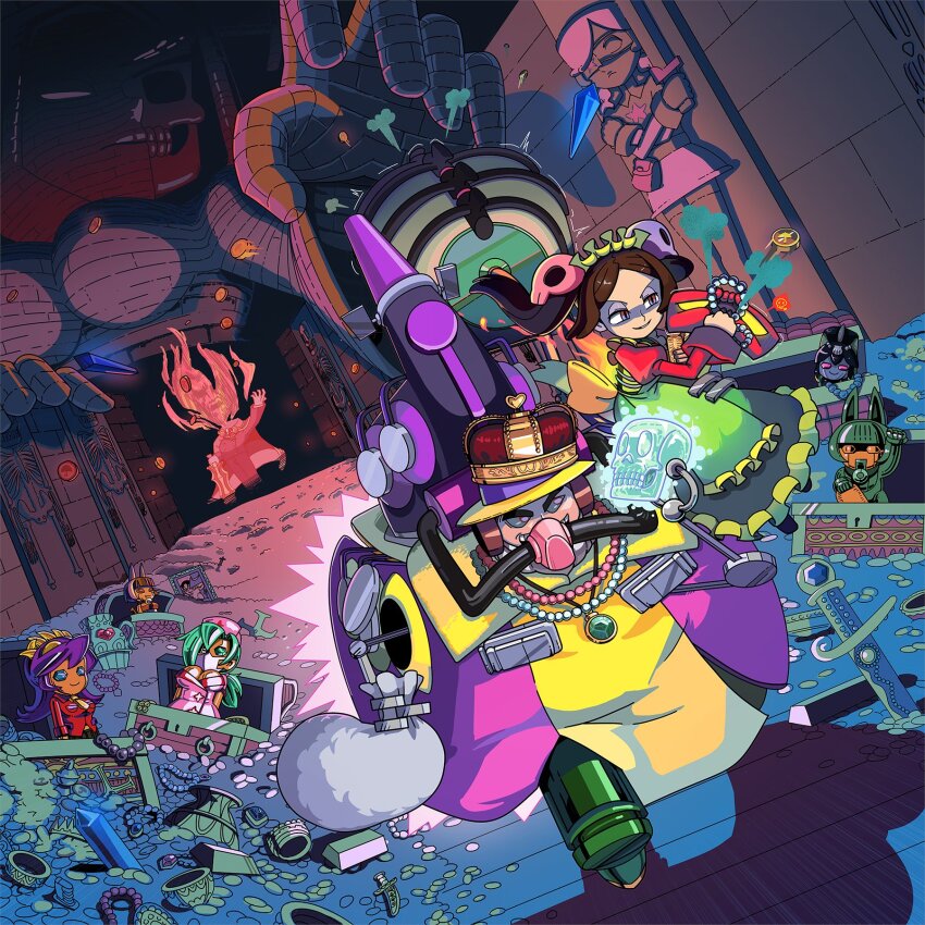 1boy, 1girl, alternate_color, annie_(skullgirls), bag, big_band, bloody_marie_(skullgirls), brown_hair