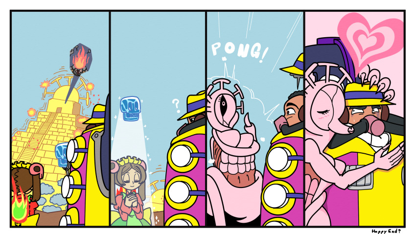 2girls, 4koma, absurdres, alternate_color, big_band, bloody_marie_(skullgirls), brown_hair, closed_eyes