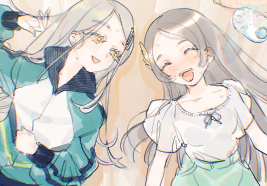 2girls, blush, bottle, closed_eyes, gakuen_idolmaster, grey_hair, highres, idolmaster