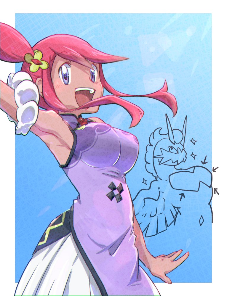 1girl, arrow_(symbol), blue_eyes, blue_sky, breasts, china_dress, chinese_clothes, dress, gen_5_pokemon, inset, large_breasts, legendary_pokemon, light_rays, nintendo, official_alternate_costume, okiza_yuuri, open_mouth, pokemon, pokemon_masters_ex, purple_dress, red_hair, short_hair_with_long_locks, sky, skyla_(anniversary_2022)_(pokemon), skyla_(pokemon), sleeveless, sleeveless_dress, sunbeam, sunlight, tornadus, tornadus_(therian)