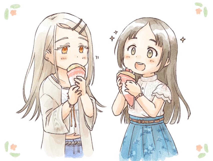 2girls, blue_skirt, blush, camisole, crepe, earrings, eating, flat_chest