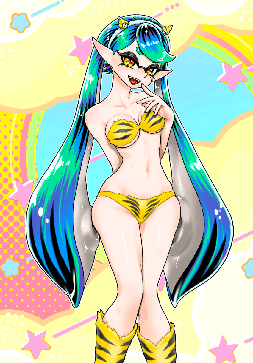 1girl, :d, animal_print, aqua_hair, arm_behind_back, bare_shoulders, bikini, blue_hair, breasts, callie_(splatoon), cleavage, collarbone, cosplay, cross-shaped_pupils, fangs, feet_out_of_frame, hairband, hand_up, highres, inkling, koharu2.5, long_hair, lum, lum_(cosplay), medium_breasts, mole, mole_under_eye, multicolored_hair, navel, nintendo, open_mouth, pointy_ears, print_bikini, purple_hair, red_pupils, short_eyebrows, smile, solo, splatoon_(series), standing, strapless, strapless_bikini, suction_cups, super_sea_snail, swimsuit, symbol-shaped_pupils, teeth, tentacle_hair, tiger_print, underboob, urusei_yatsura, very_long_hair, yellow_eyes