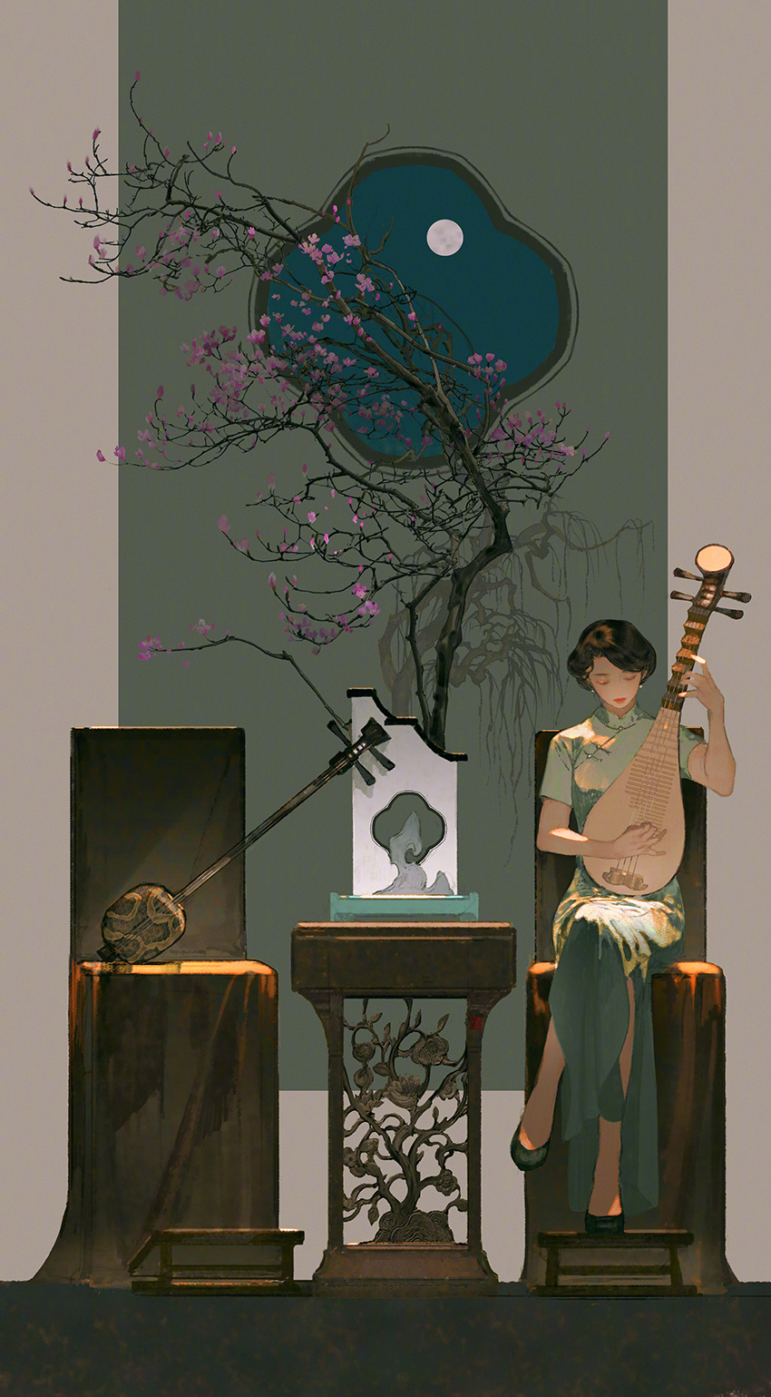 1girl, black_footwear, black_hair, chair, china_dress, chinese_clothes, closed_eyes, crossed_legs, dress, earrings, flower, footstool, full_moon, green_background, green_dress, grey_background, highres, ibuki_satsuki, instrument, jewelry, lipstick, long_dress, makeup, moon, music, original, outside_border, pink_flower, pink_lips, pipa_(instrument), playing_instrument, sanxian_(instrument), short_sleeves, sitting, solo, table, tree, wooden_table