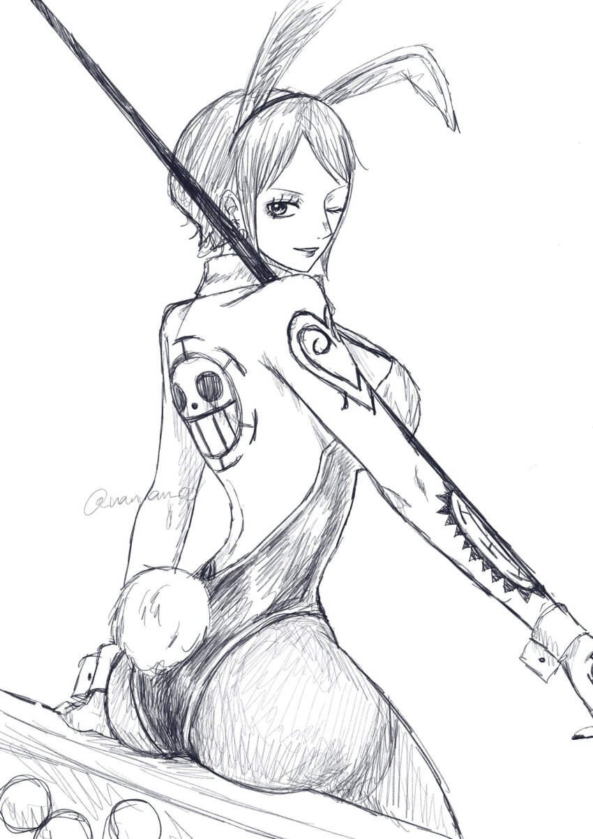 1girl, animal_ears, arm_tattoo, ass, back_tattoo, backless_outfit, ball, bare_shoulders