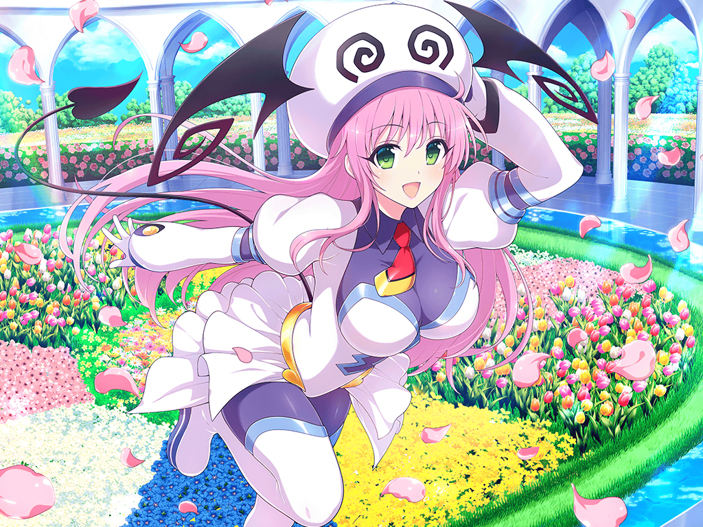 1girl, @_@, ahoge, arcade_(architecture), arch, bat_wings, blue_flower, blush