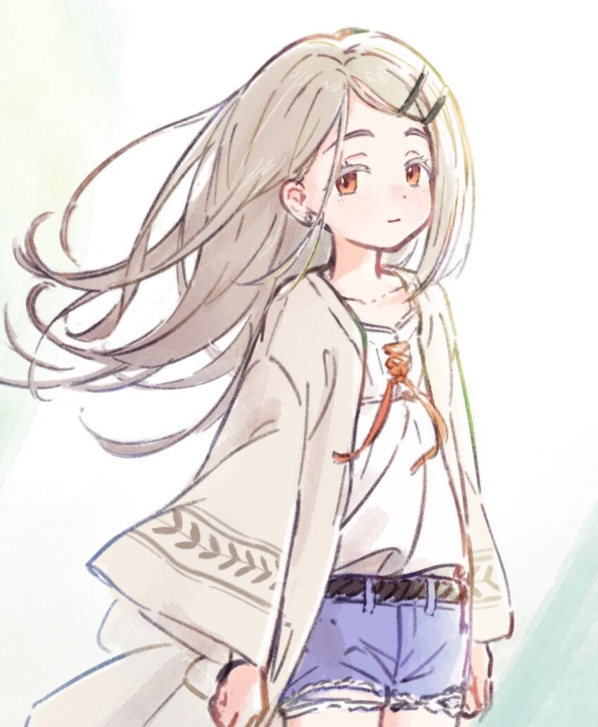 1girl, camisole, denim, denim_shorts, earrings, floating_hair, gakuen_idolmaster, grey_hair