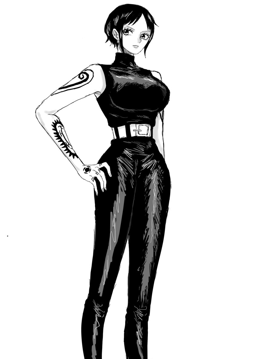 1girl, alternate_universe, arm_tattoo, breasts, canon_genderswap, closed_mouth, commentary_request, cosplay