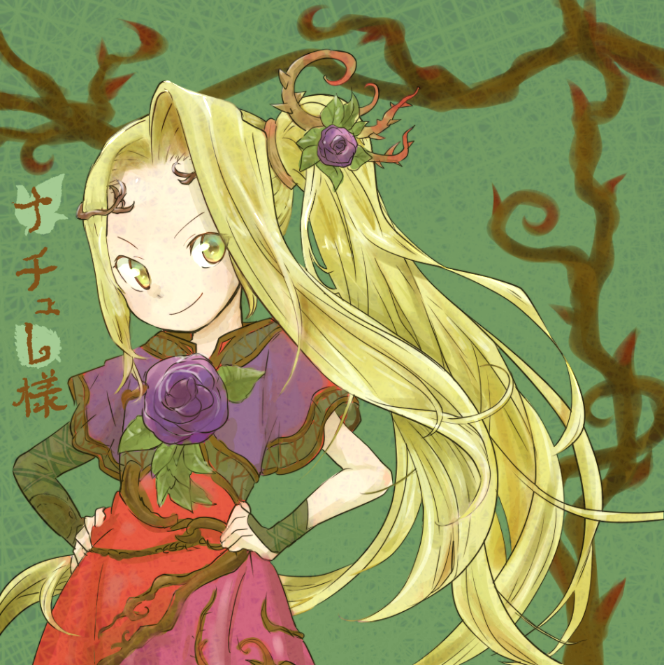 1girl, blonde_hair, dress, flower, green_background, green_eyes, hair_flower, hair_ornament