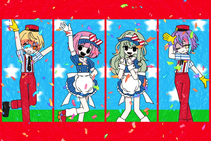 2boys, 2girls, apron, arm_up, black_eyes, black_footwear, black_necktie, buttons, clenched_hands, collared_shirt, confetti, dancing, double-breasted, dress, empty_eyes, gloves, green_hair, hat, head_tilt, highres, kamishiro_rui, kusanagi_nene, lengling, long_hair, low-tied_sidelocks, mesmerizer_(vocaloid), multiple_boys, multiple_girls, necktie, ootori_emu, open_mouth, pants, pink_hair, pink_hat, pink_pants, pinstripe_dress, pinstripe_pattern, project_sekai, puffy_short_sleeves, puffy_sleeves, roller_skates, shaded_face, sharp_teeth, shirt, shoes, short_hair, short_sleeves, sidelocks, skates, smile, sweat, teeth, tenma_tsukasa, waist_apron, waitress, wonderlands_x_showtime_(project_sekai), yellow_gloves