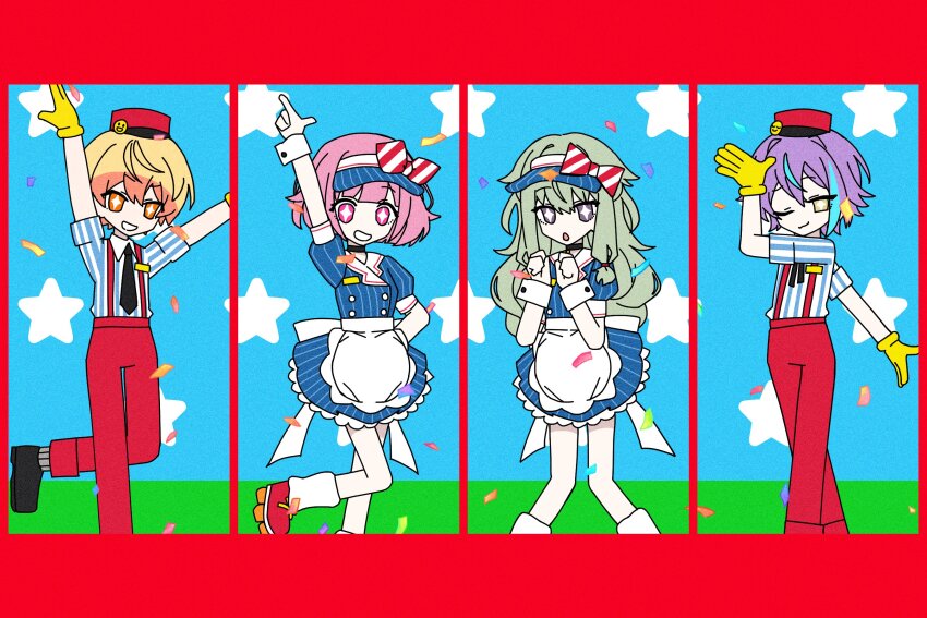 2boys, 2girls, apron, arm_up, black_footwear, black_necktie, buttons, clenched_hands, collared_shirt, dancing, double-breasted, dress, gloves, green_hair, hat, highres, kamishiro_rui, kusanagi_nene, lengling, long_hair, low-tied_sidelocks, mesmerizer_(vocaloid), multiple_boys, multiple_girls, necktie, ootori_emu, open_mouth, pants, pink_hair, pink_hat, pink_pants, pinstripe_dress, pinstripe_pattern, project_sekai, puffy_short_sleeves, puffy_sleeves, roller_skates, shirt, shoes, short_hair, short_sleeves, sidelocks, skates, smile, sparkling_eyes, tenma_tsukasa, waist_apron, waitress, wonderlands_x_showtime_(project_sekai), yellow_gloves