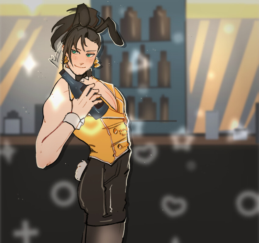 1boy, _english, alcohol, animal_ears, bar_(place), beard_stubble, black_pantyhose, bottle