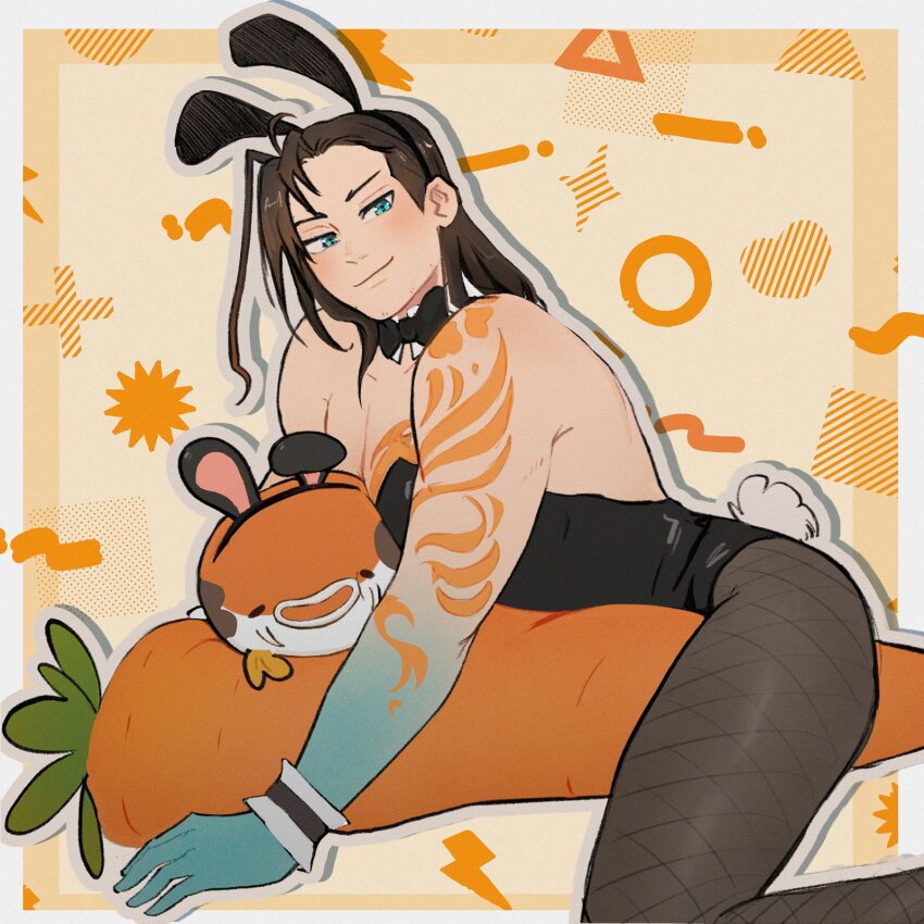 1boy, animal_ears, black_bow, black_bowtie, black_hairband, black_leotard, black_pantyhose, blue_eyes