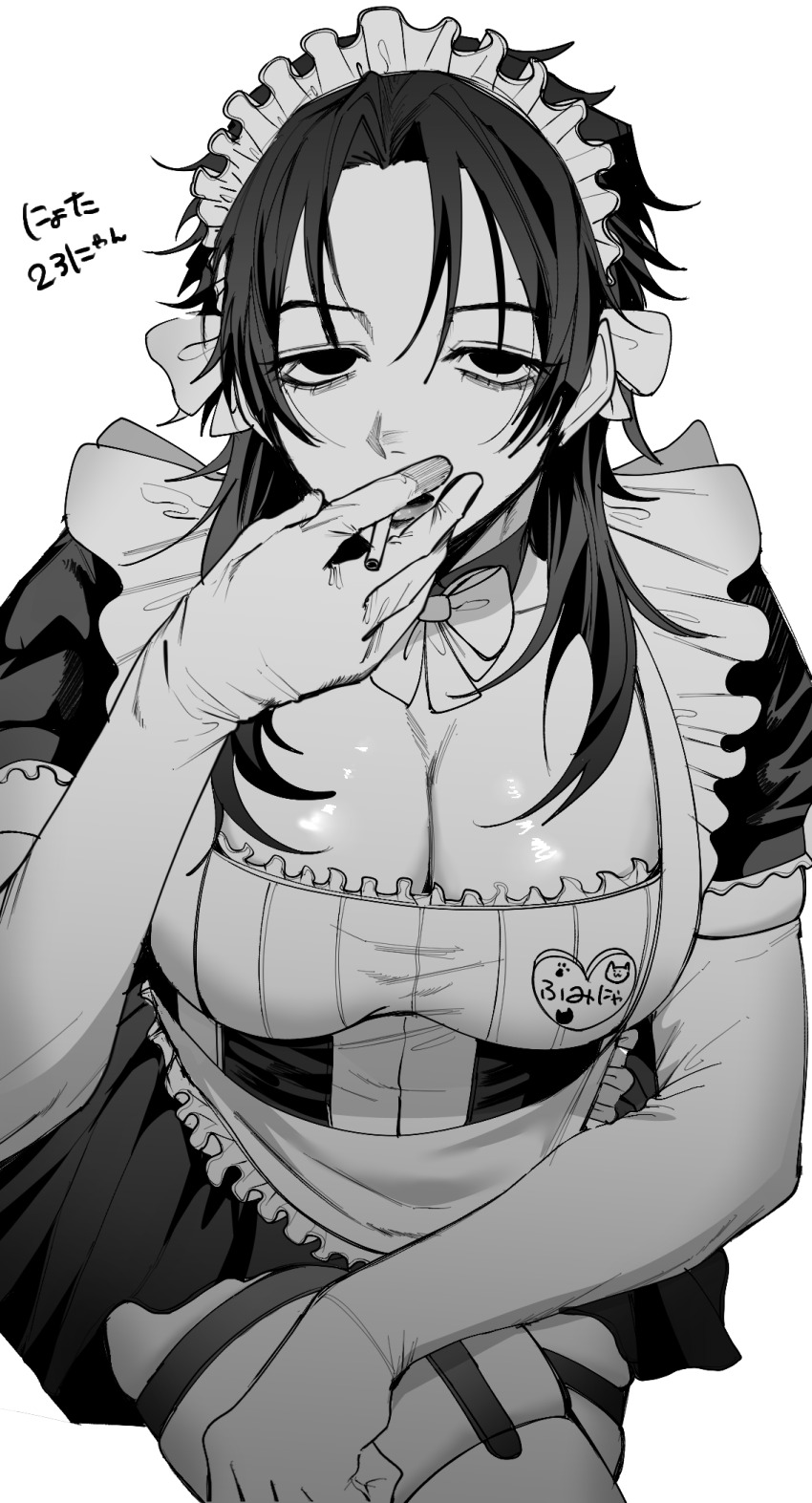 1girl, black_eyes, black_hair, breasts, charisma_house, cigarette, cleavage, crossed_legs, elbow_gloves, frills, genderswap, genderswap_(mtf), gloves, highres, holding, holding_cigarette, itou_fumiya, large_breasts, long_hair, monochrome, smoking, yofu_(0042_2400)