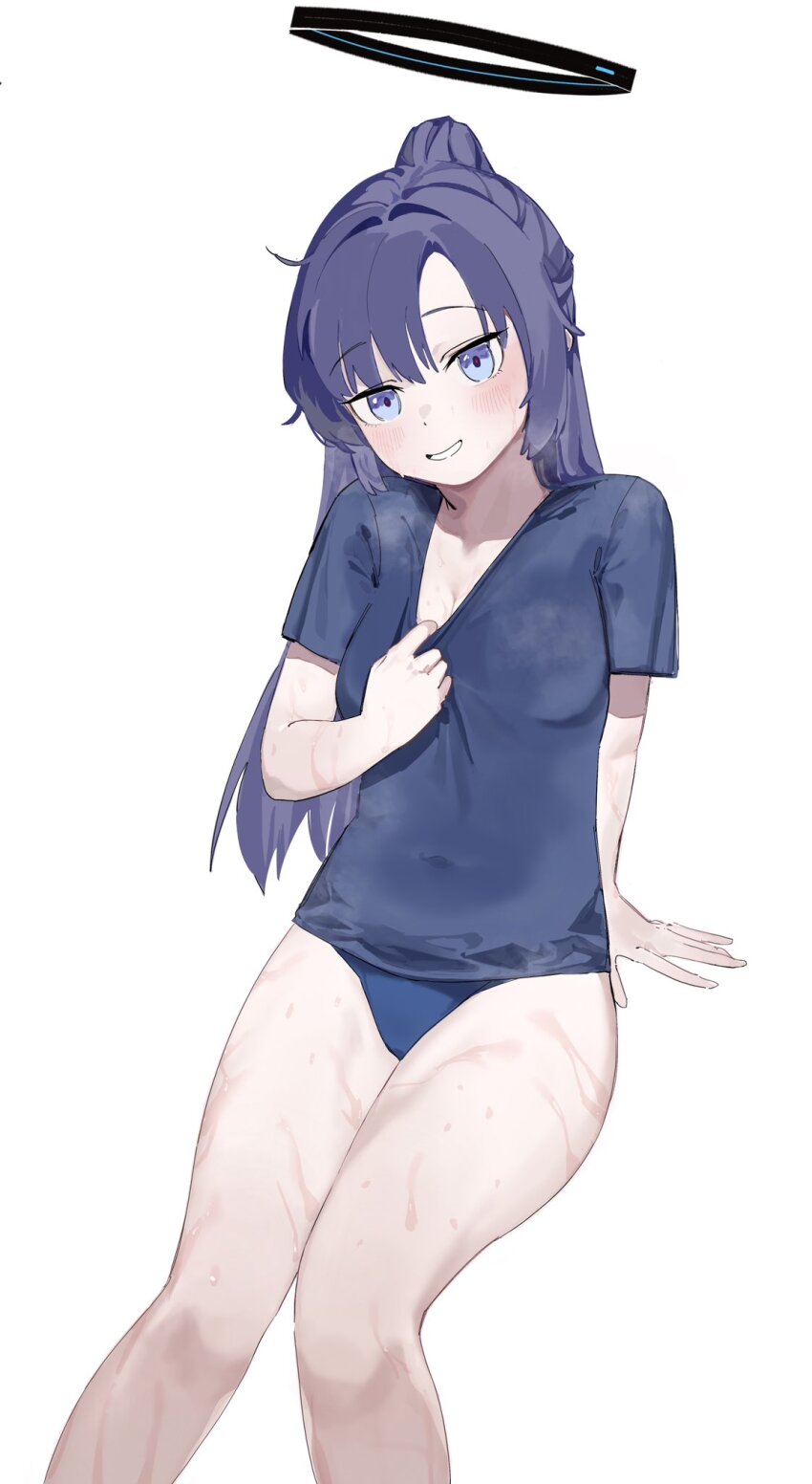 1girl, arm_support, bbocsean, black_halo, black_shirt, blue_archive, blue_buruma, blue_eyes, blush, breasts, buruma, covered_erect_nipples, feet_out_of_frame, grin, halo, highres, invisible_chair, long_hair, looking_at_viewer, ponytail, purple_hair, shirt, short_sleeves, sitting, small_breasts, smile, solo, thighs, wet, yuuka_(blue_archive), yuuka_(track)_(blue_archive)