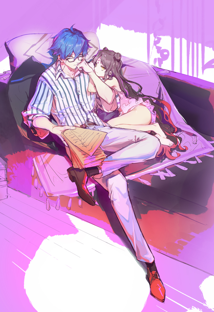 1boy, 1girl, absurdres, ahoge, ankle_socks, babydoll, bare_shoulders, barefoot, belt, black-framed_eyewear, black_belt, black_hair, black_socks, blue_eyes, blue_hair, brown_footwear, choa_(narko11897), closed_mouth, collared_shirt, commentary, couch, double_bun, dress_swimsuit, eyewear_strap, fate/grand_order, fate_(series), figure_four_sitting, forehead_tattoo, grey_shirt, hair_between_eyes, hair_bun, hans_christian_andersen_(adult)_(fate), hans_christian_andersen_(fate), head_rest, highres, holding, holding_paper, long_hair, long_sleeves, looking_over_eyewear, lying, multicolored_hair, on_side, pants, paper, parted_bangs, pink_babydoll, red_hair, sessyoin_kiara, sessyoin_kiara_(lily), shirt, shoes, short_hair, sitting, sleeves_past_wrists, smile, socks, streaked_hair, striped_clothes, striped_shirt, tassel, tattoo, two-tone_shirt, vertical-striped_clothes, vertical-striped_shirt, very_long_hair, white_pants, white_shirt, yellow_eyes