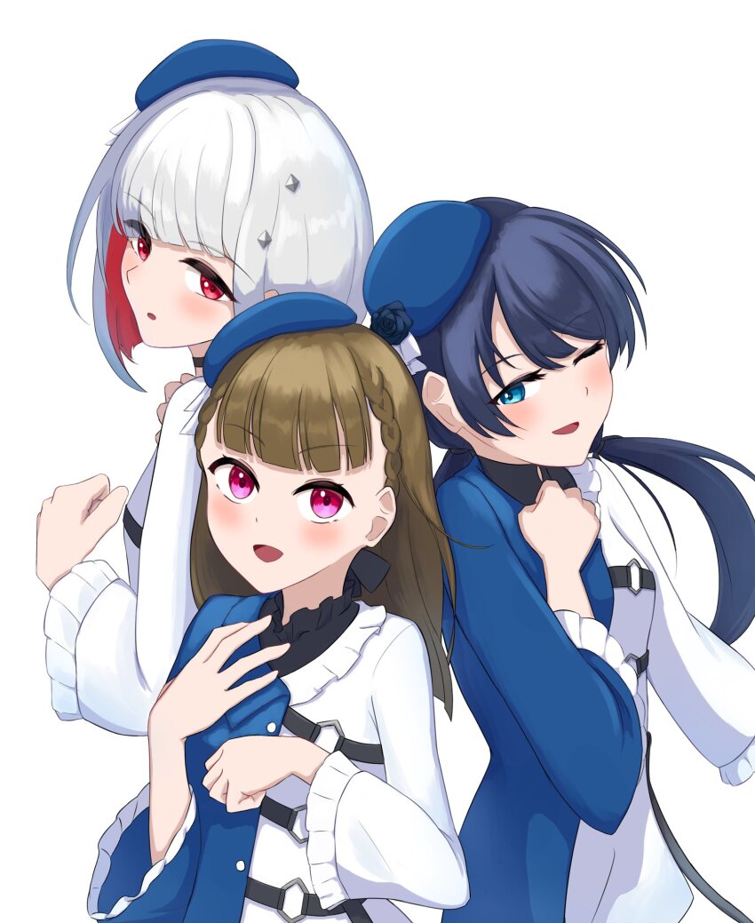 3girls, :o, ;d, asymmetrical_clothes, beret, black_choker, black_flower, black_rose, black_shirt, blue_coat, blue_eyes, blue_hair, blue_hat, blush, bob_cut, braid, brown_hair, center-flap_bangs, choker, coat, colored_inner_hair, dark_blue_hair, diagonal_bangs, dollchestra, dress, eyes_visible_through_hair, flower, frilled_dress, frilled_shirt, frills, grey_hair, hand_on_own_chest, hat, hat_flower, highres, inverted_bob, kachimachi_kosuzu, ladybug_(love_live!), link!_like!_love_live!, long_hair, long_sleeves, looking_at_viewer, love_live!, low_twintails, multicolored_hair, multiple_girls, murano_sayaka, official_alternate_costume, one_eye_closed, open_mouth, pink_eyes, red_eyes, red_hair, rose, shirt, short_hair, side_ahoge, side_braids, simadaburyu, simple_background, smile, straight_hair, tilted_headwear, twintails, upper_body, v-shaped_eyebrows, virtual_youtuber, white_background, white_dress, wide_sleeves, yugiri_tsuzuri