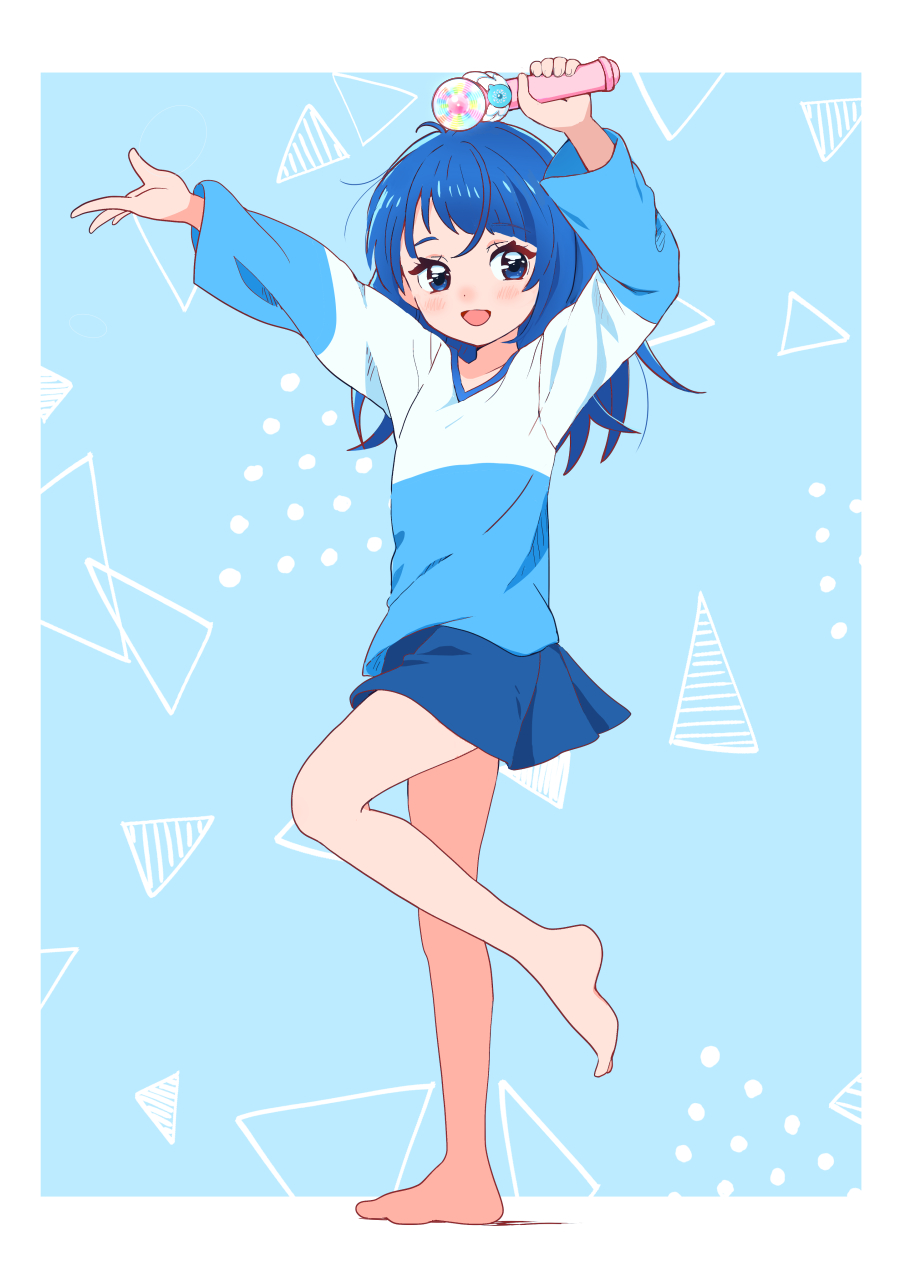 1girl, arms_up, barefoot, blue_background, blue_eyes, blue_hair, blue_shirt, blue_skirt, casual, commentary, hair_down, highres, hirogaru_sky!_precure, holding, kyanos_(b_0000ff), leg_up, long_hair, long_sleeves, looking_at_viewer, miniskirt, open_mouth, pleated_skirt, precure, shirt, skirt, sky_mirage, smile, solo, sora_harewataru, standing, standing_on_one_leg, t-shirt, v-neck