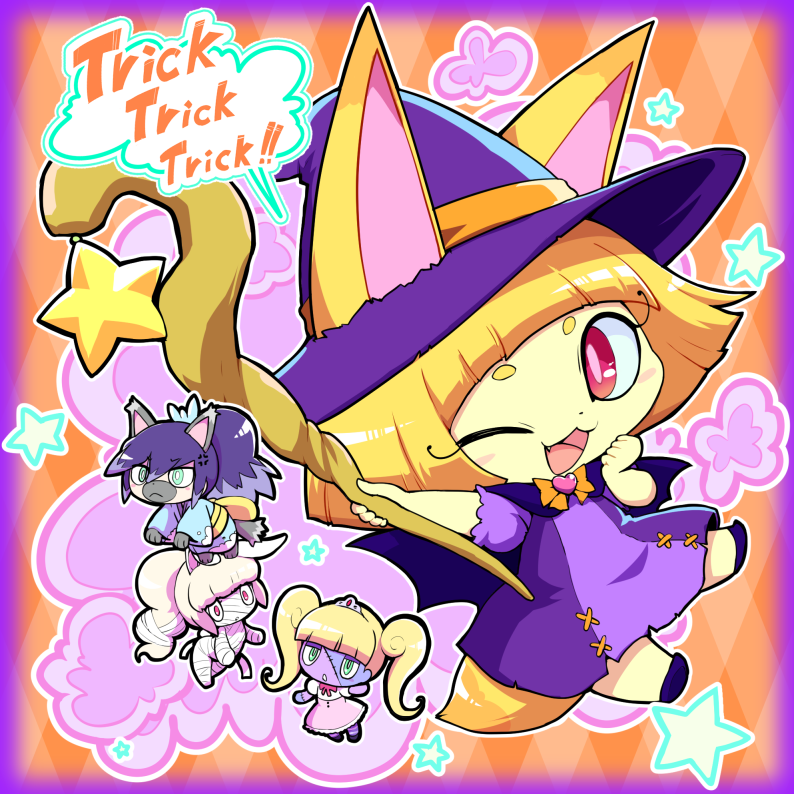 4girls, anger_vein, animal_ears, aqua_eyes, bandages, blonde_hair, blue_kimono, blunt_bangs