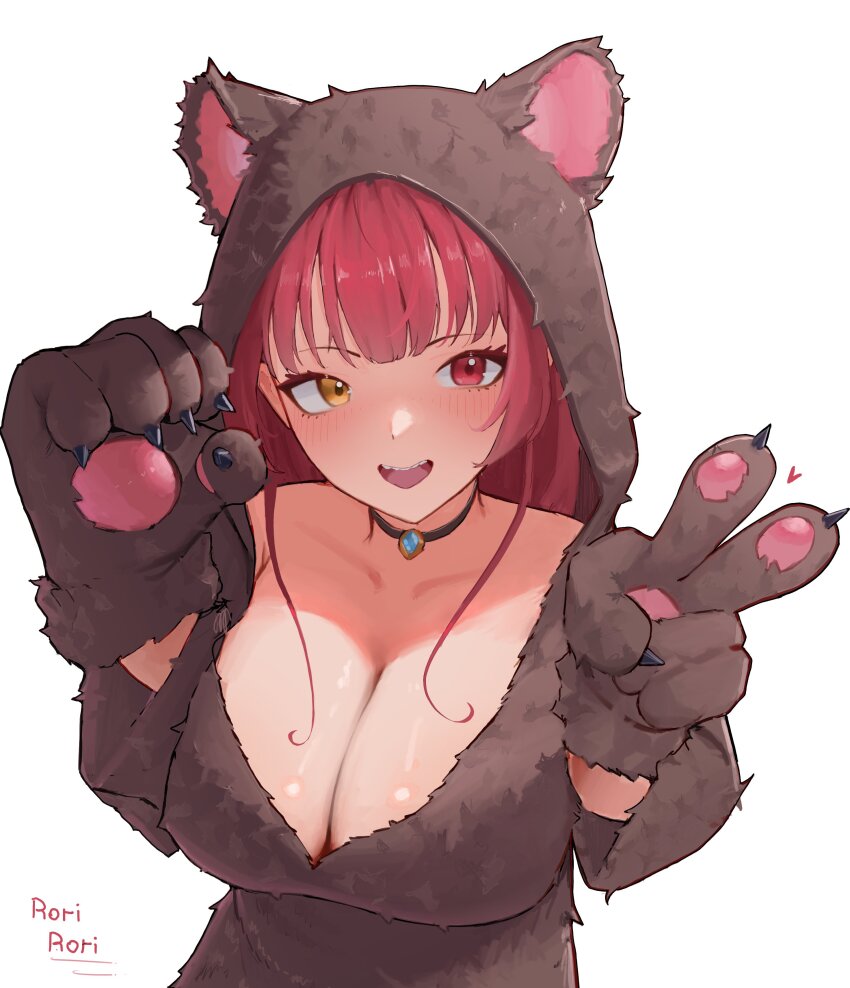 1girl, absurdres, animal_costume, animal_hood, bear_costume, bear_hood, bear_paws, black_choker