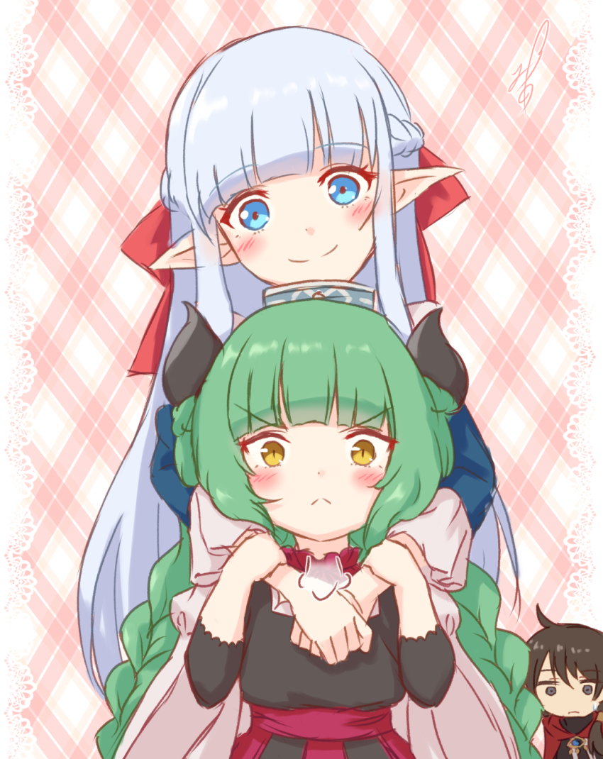 1boy, 2girls, apron, black_dress, black_robe, blue_dress, blue_eyes, blush