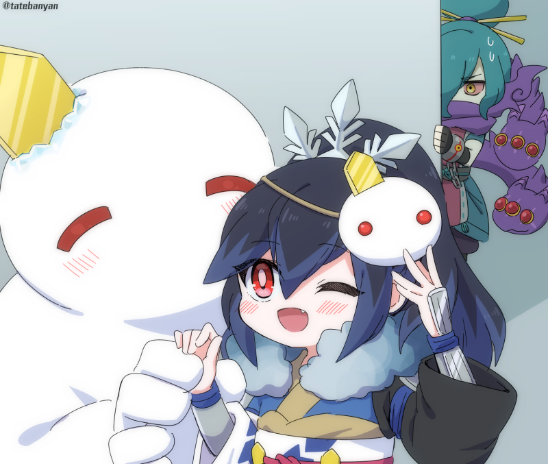 1boy, 1girl, black_hair, blue_hair, blush, goku_fubukihime, goku_orochi, goku_orochi_zhou_yu