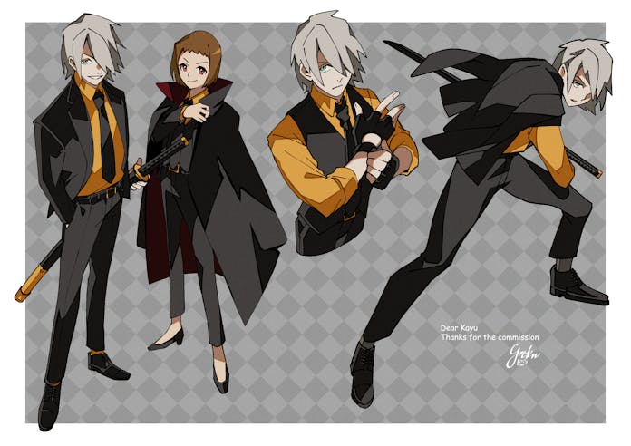 1boy, 1girl, adam_muirhead, black_gloves, black_jacket, black_necktie, black_pants, black_vest