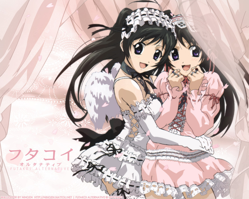00s, 2girls, ahoge, angel_wings, arms_around_another's_waist, black_hair, chain, choker, copyright_name, cowboy_shot, dress, elbow_gloves, frilled_dress, frills, futakoi, gloves, goth_fashion, gothic_lolita, hairband, happy, hug, jewelry, lolita_fashion, lolita_hairband, long_hair, long_sleeves, multiple_girls, off_shoulder, pink_dress, purple_eyes, ribbon-trimmed_clothes, ribbon-trimmed_gloves, ribbon-trimmed_hairband, ribbon-trimmed_sleeves, ribbon_trim, ring, sakurazuki_kira, sakurazuki_yura, siblings, sisters, thighhighs, twins, white_dress, white_gloves, white_thighhighs, wings