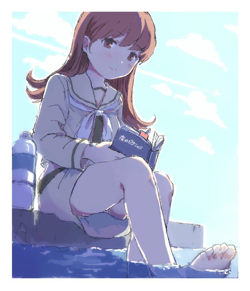 1girl, barefoot, book, border, bottle, brown_eyes, brown_hair, cloud