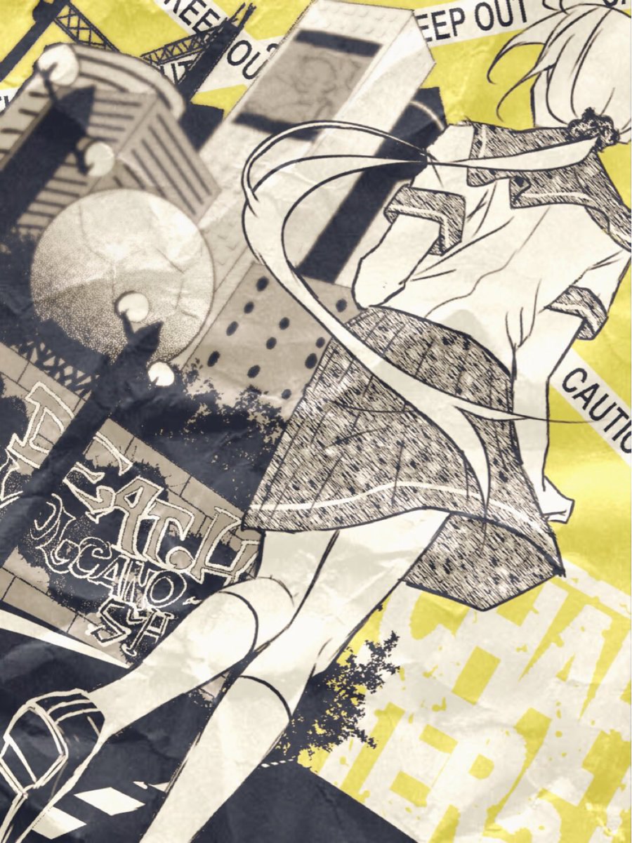 1girl, ahoge, caution_tape, cityscape, collared_shirt, danganronpa_(series), danganronpa_another, dutch_angle