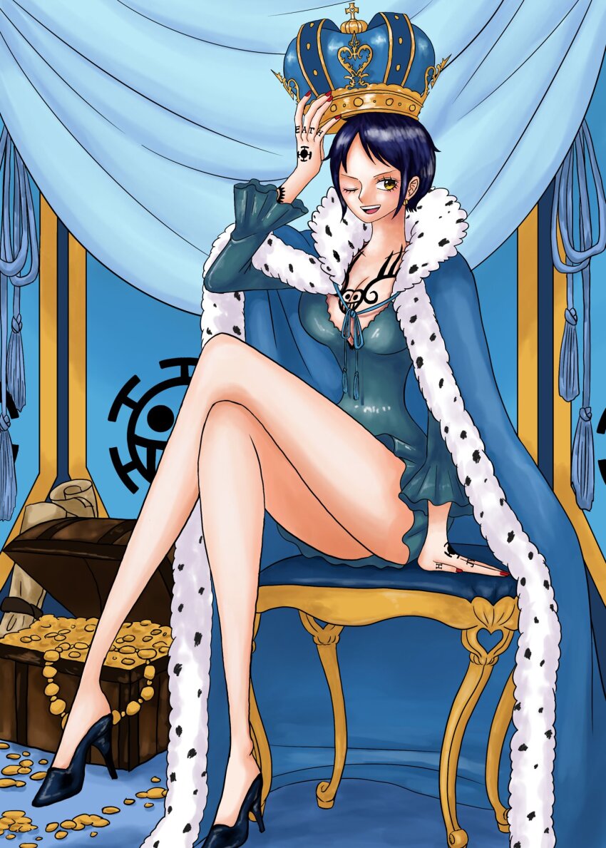 1girl, arm_tattoo, arm_up, bare_legs, black_footwear, blue_dress, blue_theme, breast_tattoo, breasts, canon_genderswap, cape, chair, cleavage, coin, commentary, crossed_legs, crown, dress, earrings, female_focus, finger_tattoo, frilled_sleeves, frills, full_body, fur-trimmed_cape, fur_trim, genderswap, genderswap_(mtf), gold_coin, hand_tattoo, heart_pirates_jolly_roger, high_heels, highres, indoors, jewelry, jolly_roger, legs, looking_at_viewer, nail_polish, namnam_op, official_style, on_chair, one_eye_closed, one_piece, open_mouth, red_nails, short_dress, short_hair, sitting, sitting_on_object, smile, solo, untranslatable_commentary, tattoo, trafalgar_law, trafalgar_law_(female), treasure_chest, treasure_map, wide_hips, yellow_eyes
