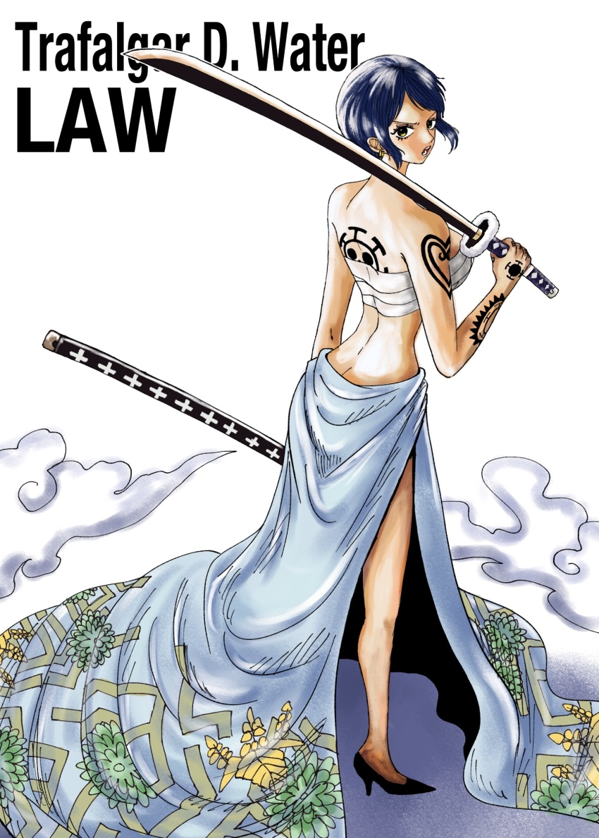 1girl, arm_tattoo, ass, back, back_tattoo, bandages, black_footwear, black_hair