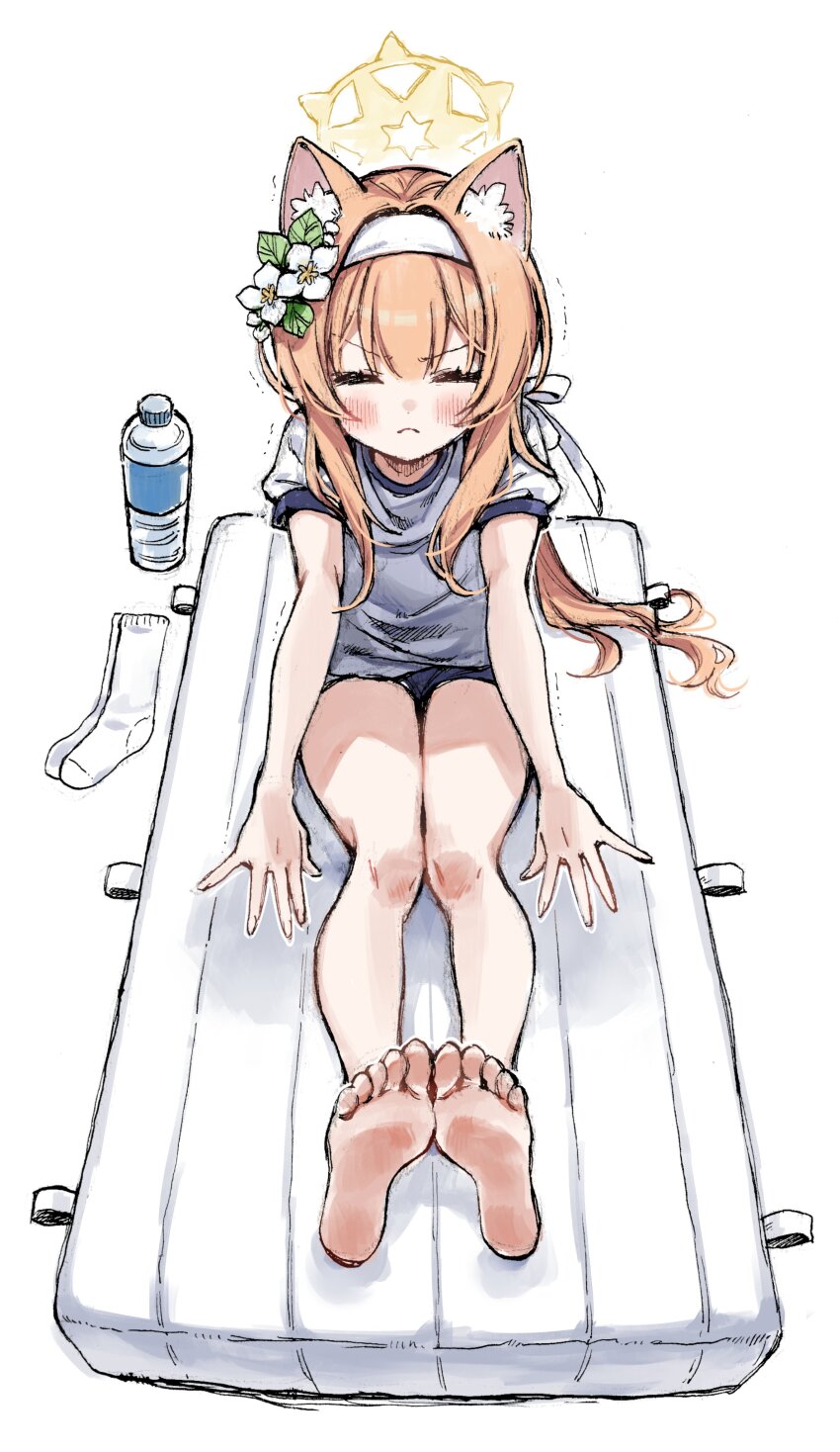 1girl, absurdres, animal_ear_fluff, animal_ears, barefoot, blue_archive, blush, bottle