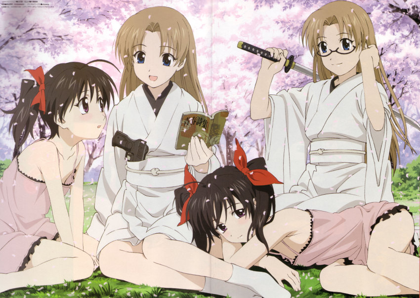 00s, 4girls, black_hair, blonde_hair, blue_eyes, blush, book, bow