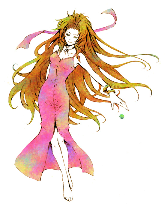 1990s_(style), 1girl, aerith_gainsborough, bad_id, bad_pixiv_id, barefoot, bracelet, brown_hair, choker, dress, feet, female_focus, final_fantasy, final_fantasy_vii, full_body, green_eyes, hair_ribbon, jewelry, john_(gallon), long_dress, long_hair, materia, pink_dress, pink_ribbon, retro_artstyle, ribbon, simple_background, solo, very_long_hair