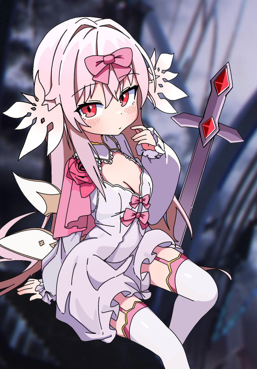 1girl, arcaea, blush, bow, breasts, chinese_commentary, cleavage, cleavage_cutout, clothing_cutout, commentary_request, hair_bow, hand_up, highres, hikari_(arcaea), hikari_(fatalis)_(arcaea), long_hair, looking_at_viewer, maigo_no_haien, pink_bow, pink_hair, red_eyes, small_breasts, solo, thighhighs, white_thighhighs