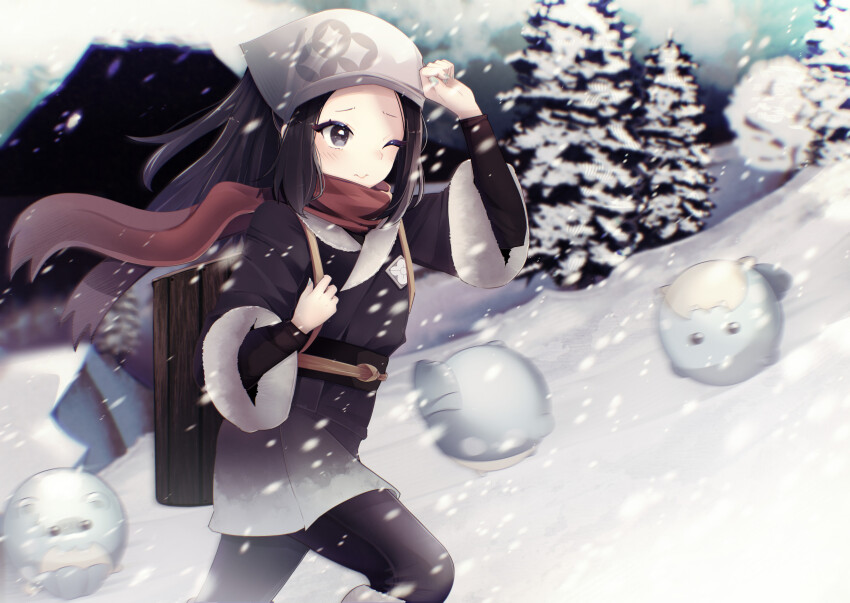 1girl, akari_(pokemon), backpack, bag, black_hair, black_shirt, blush, brown_bag