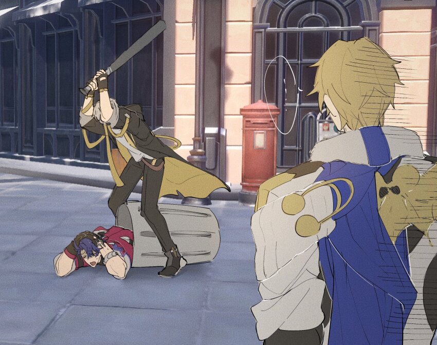 3boys, arms_up, back, baseball_bat, black_coat, black_footwear, black_gloves, black_pants