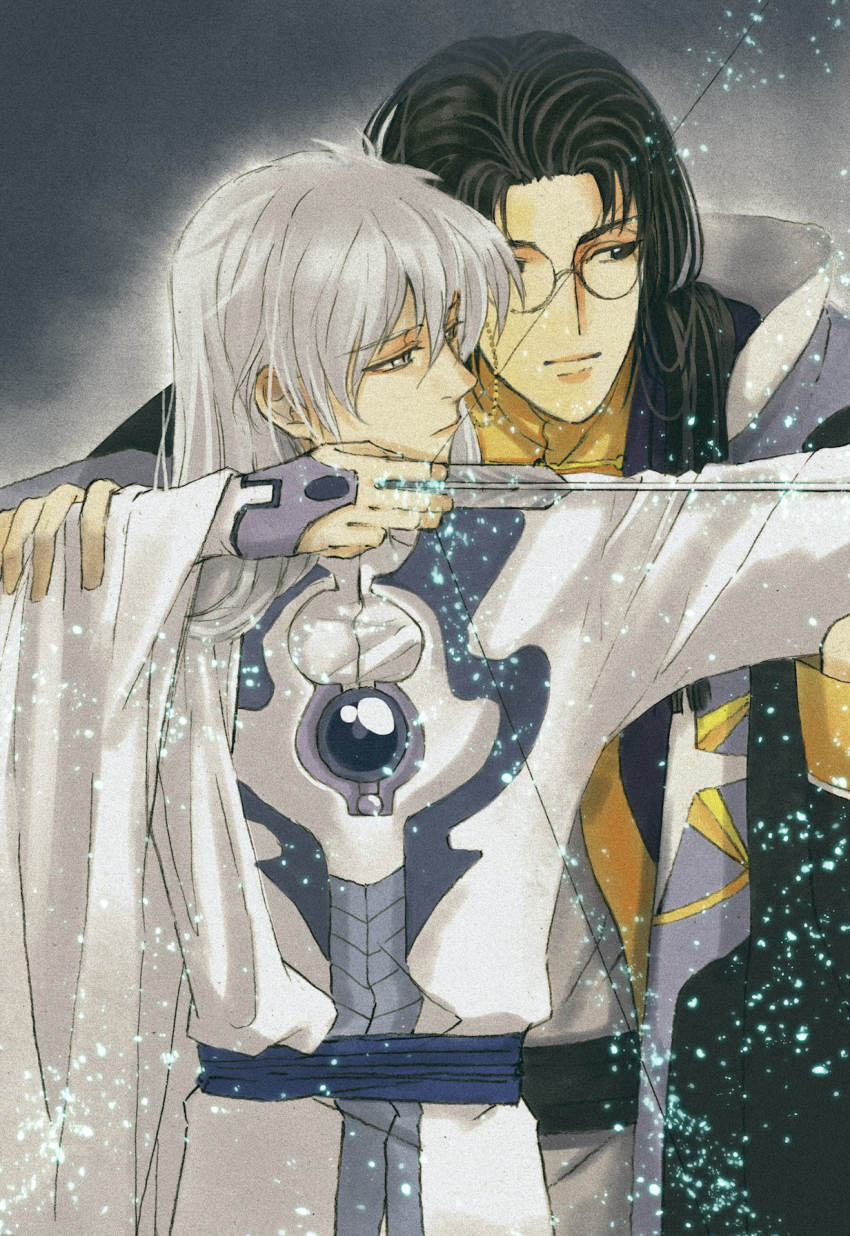 2boys, aiming, arrow_(projectile), black_eyes, black_hair, black_sash, blue_sash, bow_(weapon)