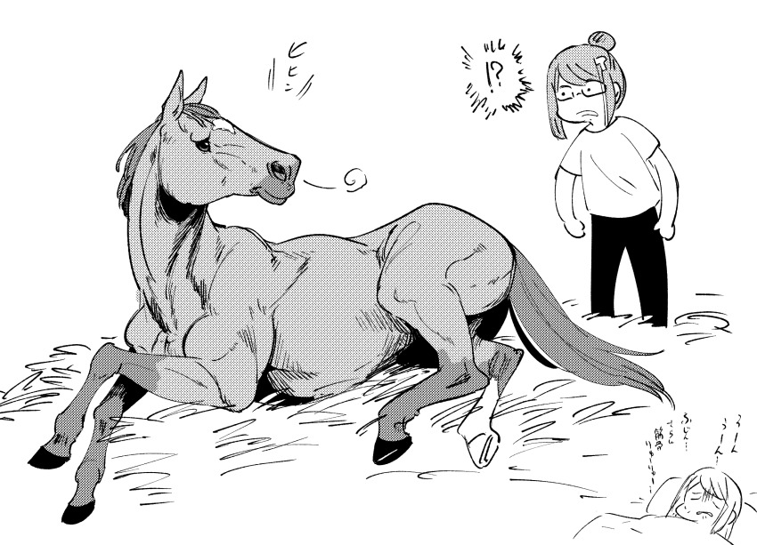 !?, 1girl, biting_own_lip, dreaming, female_trainer_(umamusume), gentildonna_(racehorse), greyscale, hair_bun