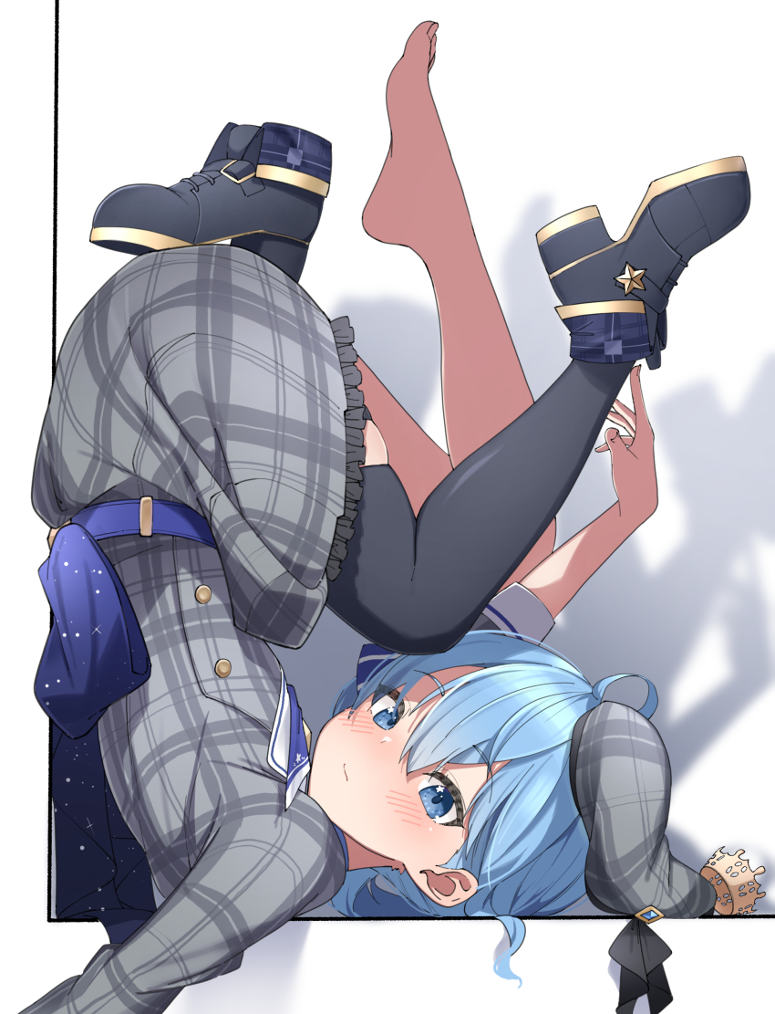 1girl, absurdres, barefoot, black_shoes, black_thighhighs, blue_eyes, blue_hair, blush