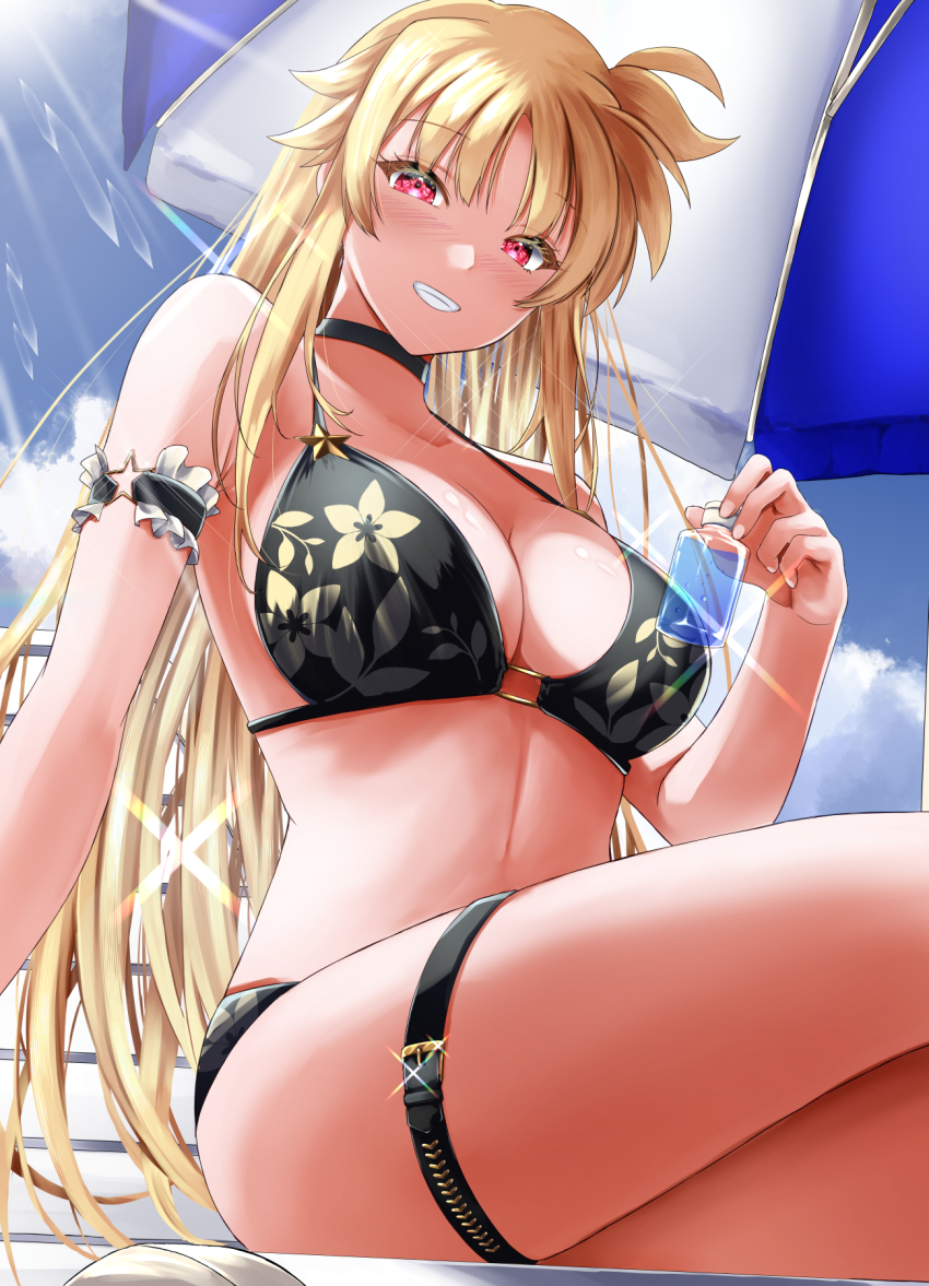 1girl, beach_umbrella, bikini, black_bikini, blonde_hair, breasts, cleavage, commentary_request