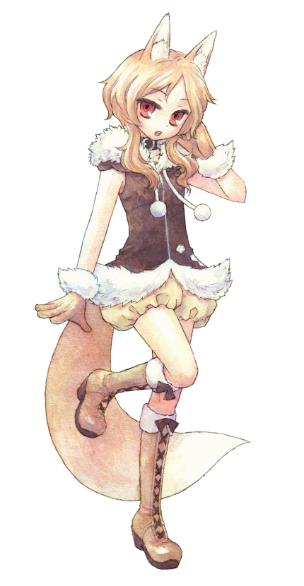 1girl, a-gatha, animal_ears, bad_id, bad_pixiv_id, blonde_hair, boots, brown_eyes, female_focus, full_body, gloves, ouka_miko, short_hair, simple_background, solo, tail, utau, white_background, wolf_ears, wolf_tail