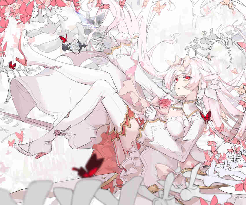 absurdres, arcaea, boots, bow, breasts, choker, cleavage, dress