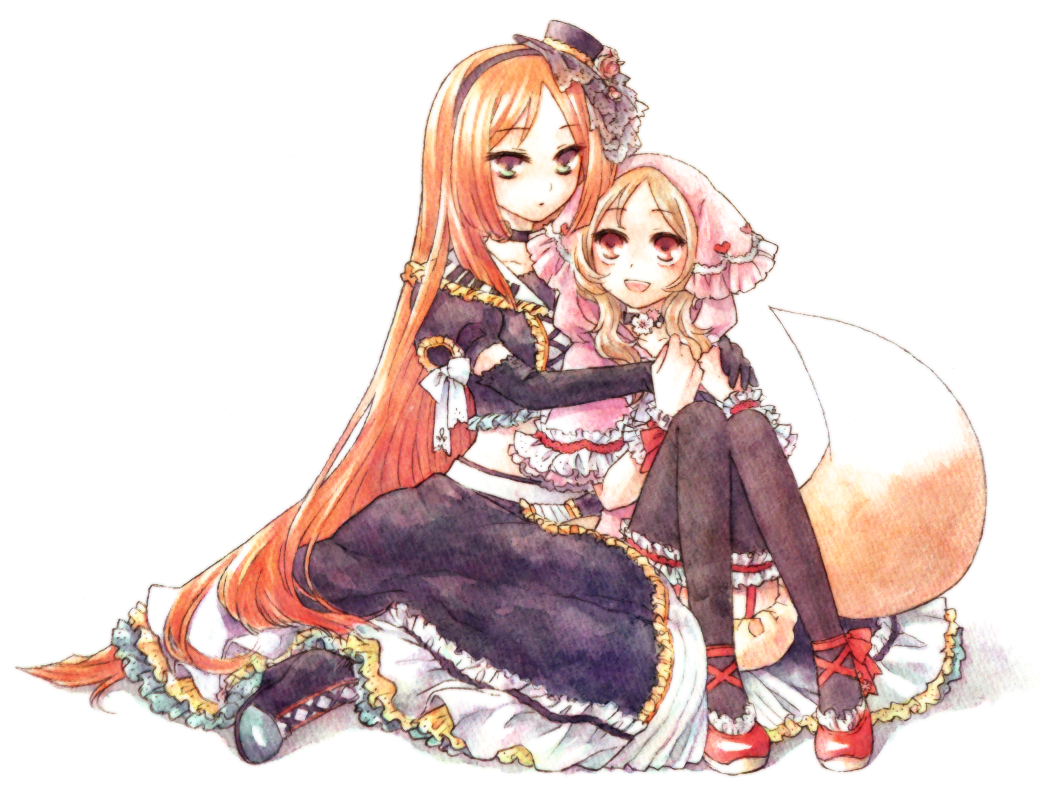 1boy, 1girl, a-gatha, animal_ears, bad_id, bad_pixiv_id, blonde_hair, brown_eyes, elbow_gloves, frills, gloves, hairband, hat, long_hair, mini_hat, mini_top_hat, nagata, namine_ritsu, orange_hair, ouka_miko, simple_background, smile, tail, thighhighs, top_hat, trap, utau, wolf_ears, wolf_tail