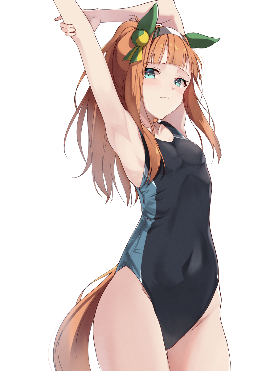 1girl, absurdres, alternate_costume, animal_ears, armpits, arms_up, blue_eyes, blunt_bangs