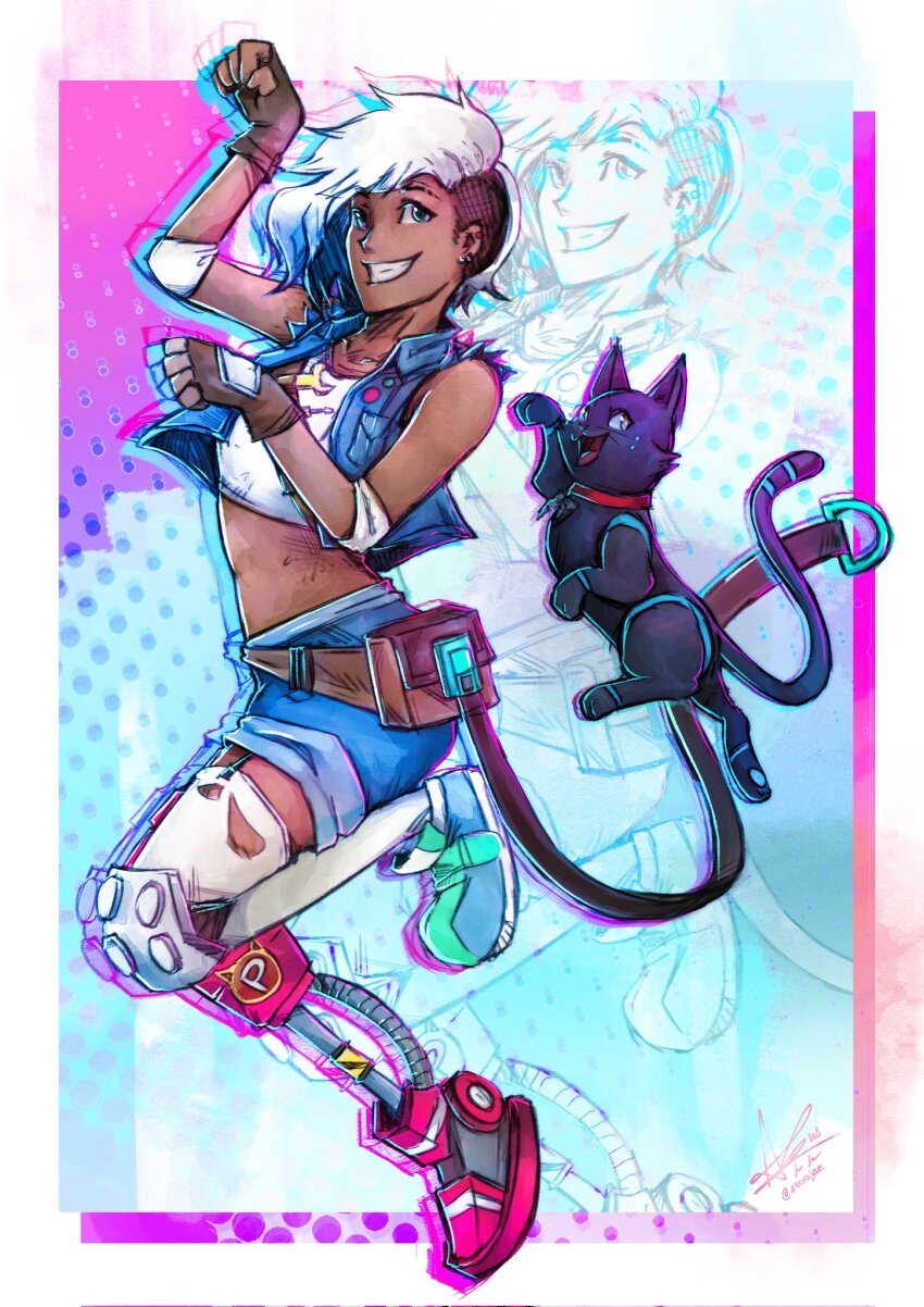 2girls, 808_(hi-fi_rush), :d, asymmetrical_hair, azurajae, blue_eyes, breasts, commentary, dark-skinned_female, dark_skin, denim, denim_jacket, english_commentary, full_body, gloves, grin, hi-fi_rush, highres, jacket, looking_at_viewer, multiple_girls, open_mouth, peppermint_(hi-fi_rush), prosthesis, prosthetic_leg, robot_cat, shorts, sidecut, single_thighhigh, small_breasts, smile, thighhighs, undercut