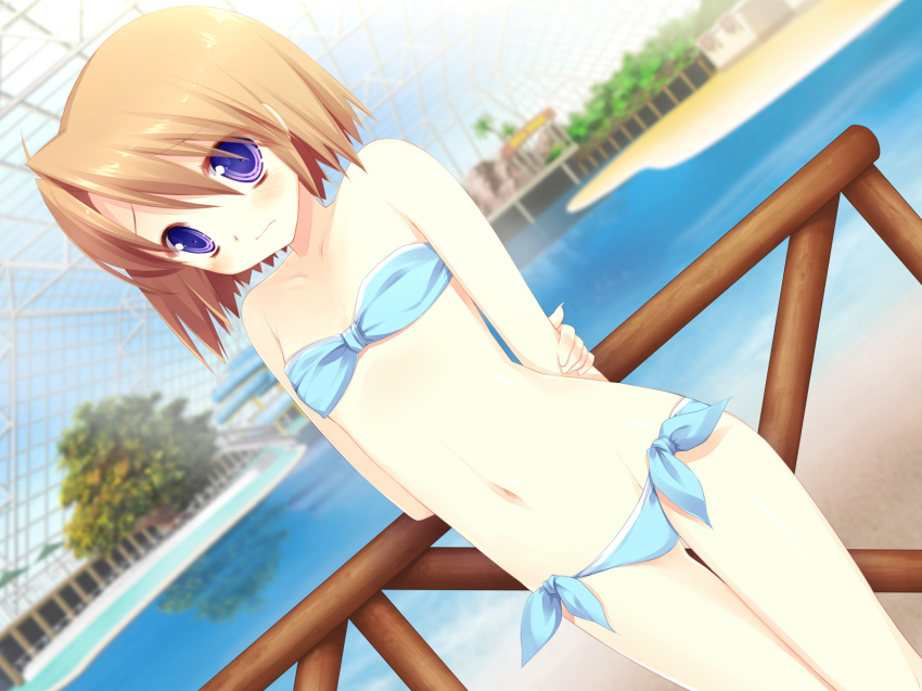 1girl, bare_shoulders, bikini, blue_eyes, blush, brown_hair, child, female_focus