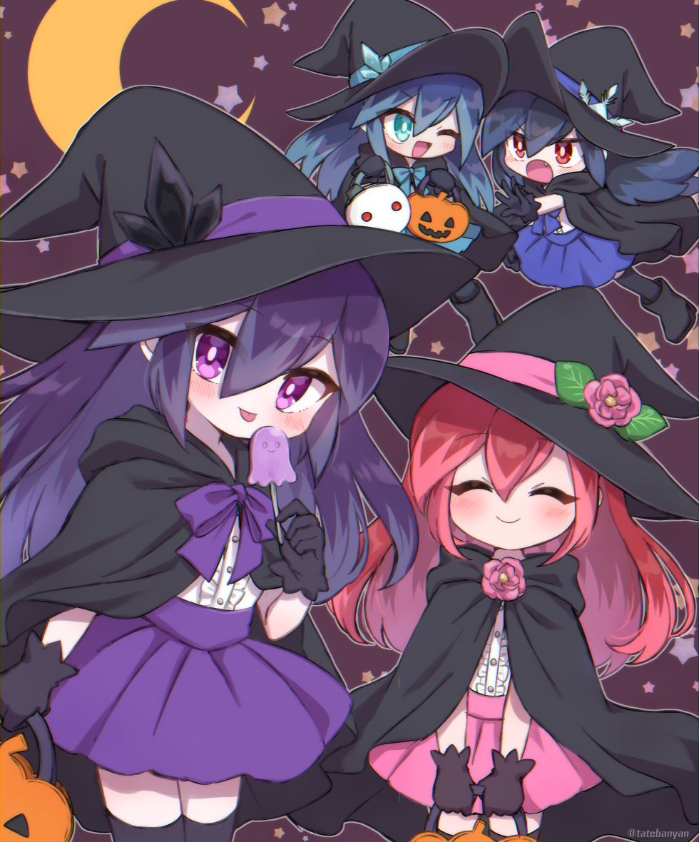 4girls, black_thighhighs, blue_hair, blue_skirt, blush, closed_eyes, crescent_moon, fubukihime, goku_fubukihime, halloween, hat, hyakkihime, moon, multicolored_hair, multiple_girls, one_eye_closed, open_mouth, pink_skirt, purple_eyes, purple_hair, purple_skirt, red_eyes, red_hair, skirt, smile, tabana, thighhighs, tongue, tongue_out, traditional_youkai, tsubakihime_(youkai_watch), twitter_username, two-tone_hair, witch_hat, youkai_(youkai_watch), youkai_watch, yuki_onna, zettai_ryouiki