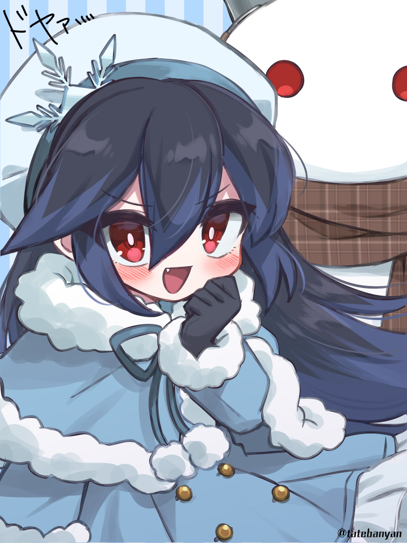 1girl, black_gloves, black_hair, blue_hair, blush, fang, fur_trim, gloves